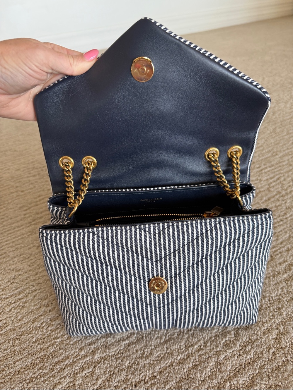 Saint Laurent Navy and White Striped Denim Small Loulou Shoulder Bag - Picture 4 of 12